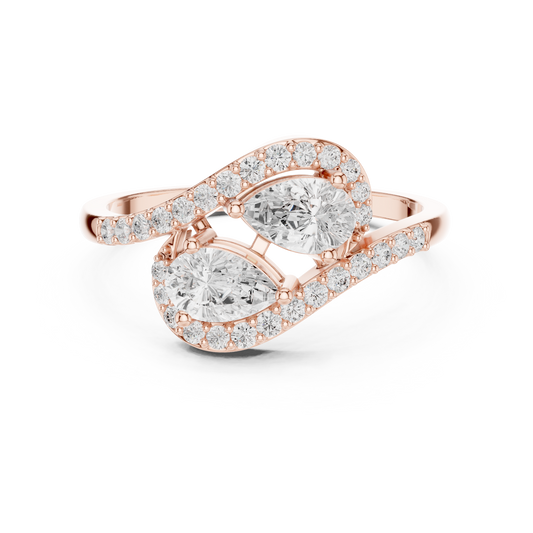 Pear Cut Moissanite Diamond Bypass Pave Band Toi et Moi Ring - View 2