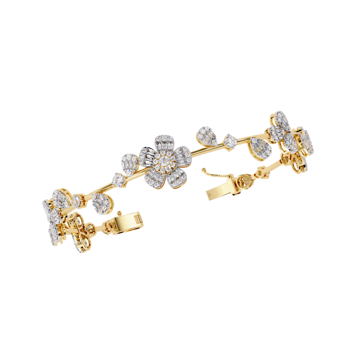Baguette & Round Cut Lab Diamond Floral Clustered Petal Bracelet - View 2