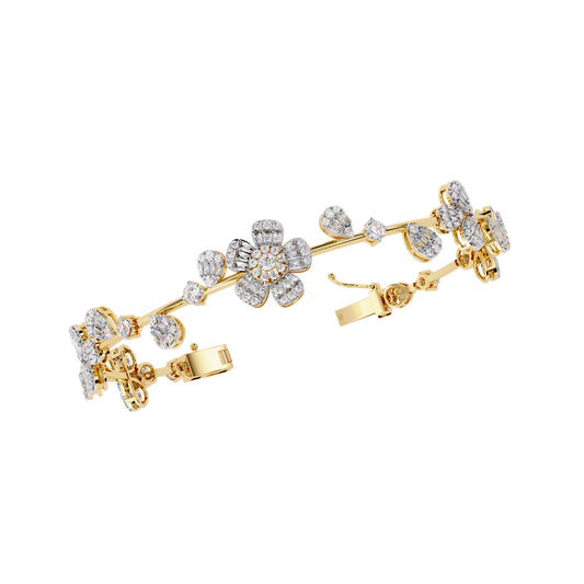 Baguette & Round Cut Lab Diamond Floral Clustered Petal Bracelet - View 2
