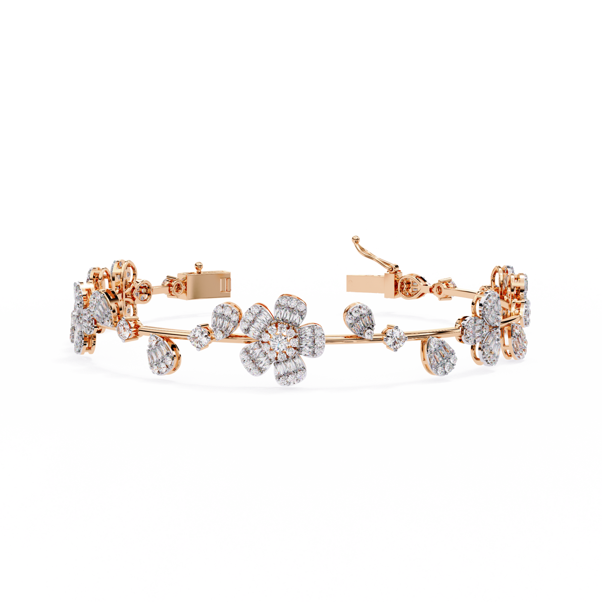 Baguette & Round Cut Lab Diamond Floral Clustered Petal Bracelet - View 9