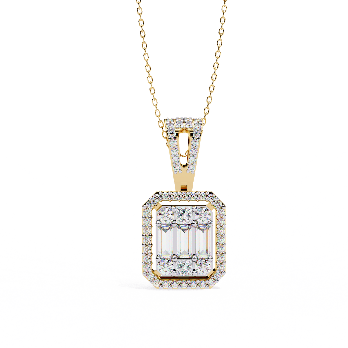 Multi Cut Moissanite Diamond Cluster Rectangle Halo Pendant Pave Bail - View 7