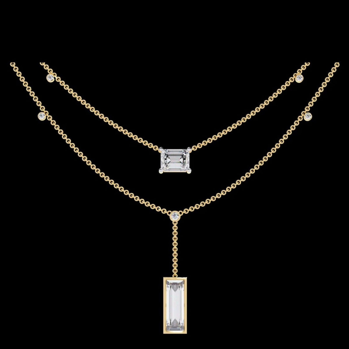Layered Emerald Cut Moissanite Pendant Y Necklace