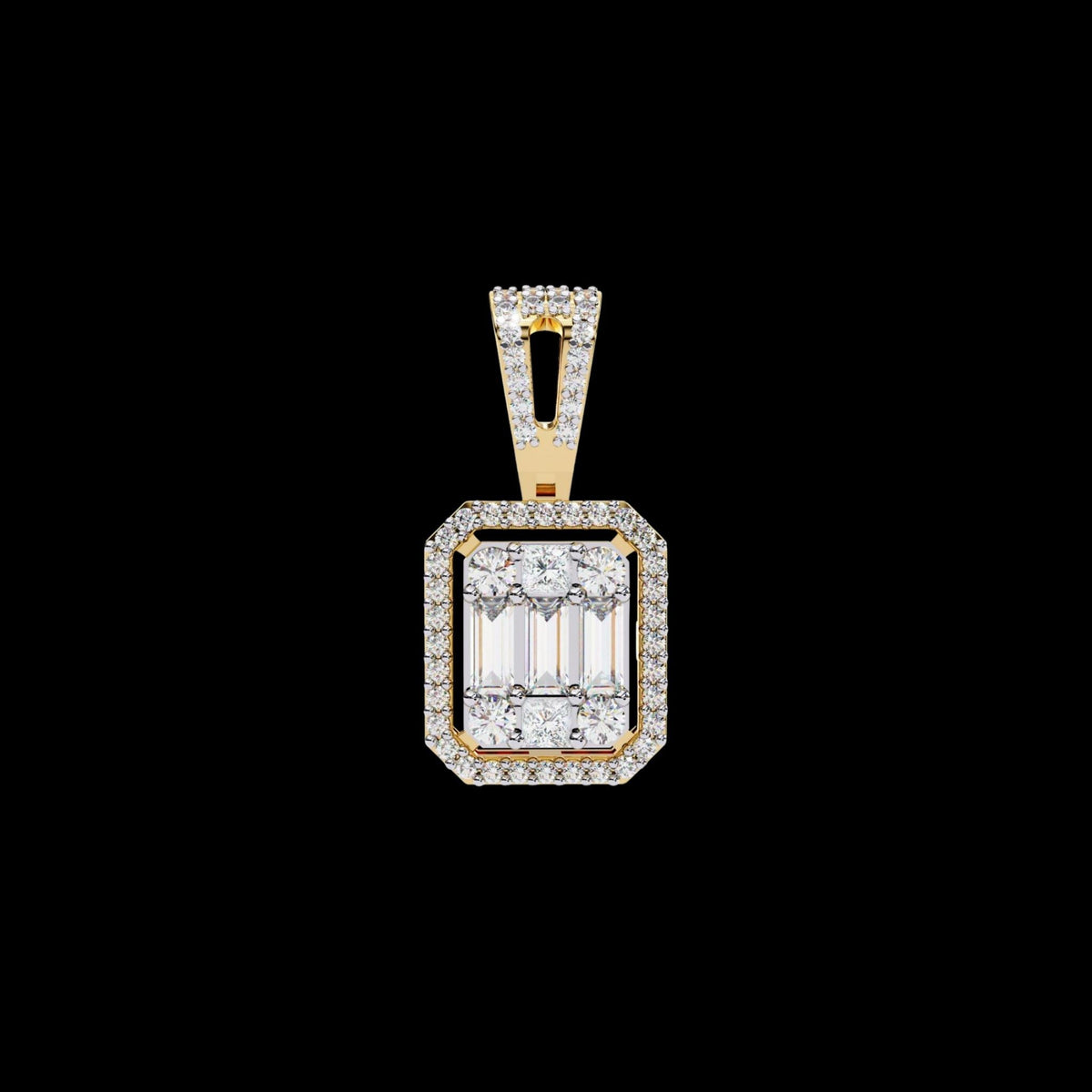 Multi Cut Lab Grown Diamond Cluster Rectangle Halo Pendant Pave Bail