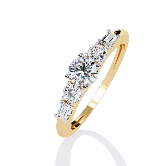 Round Five Stone Moissanite Diamond Ring with Baguette Side Stones - View 2