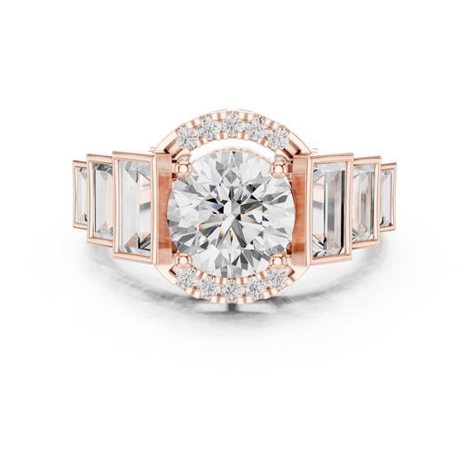 Round Halo Moissanite Diamond Ring with Tapered Baguette Side Stones - View 2