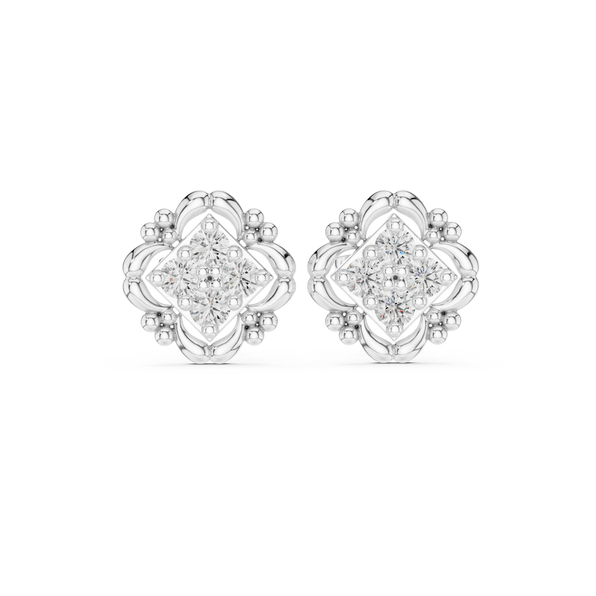 Sculpted Ornate Round Moissanite Diamond Stud Earrings with Floral Beaded Frame - View 3