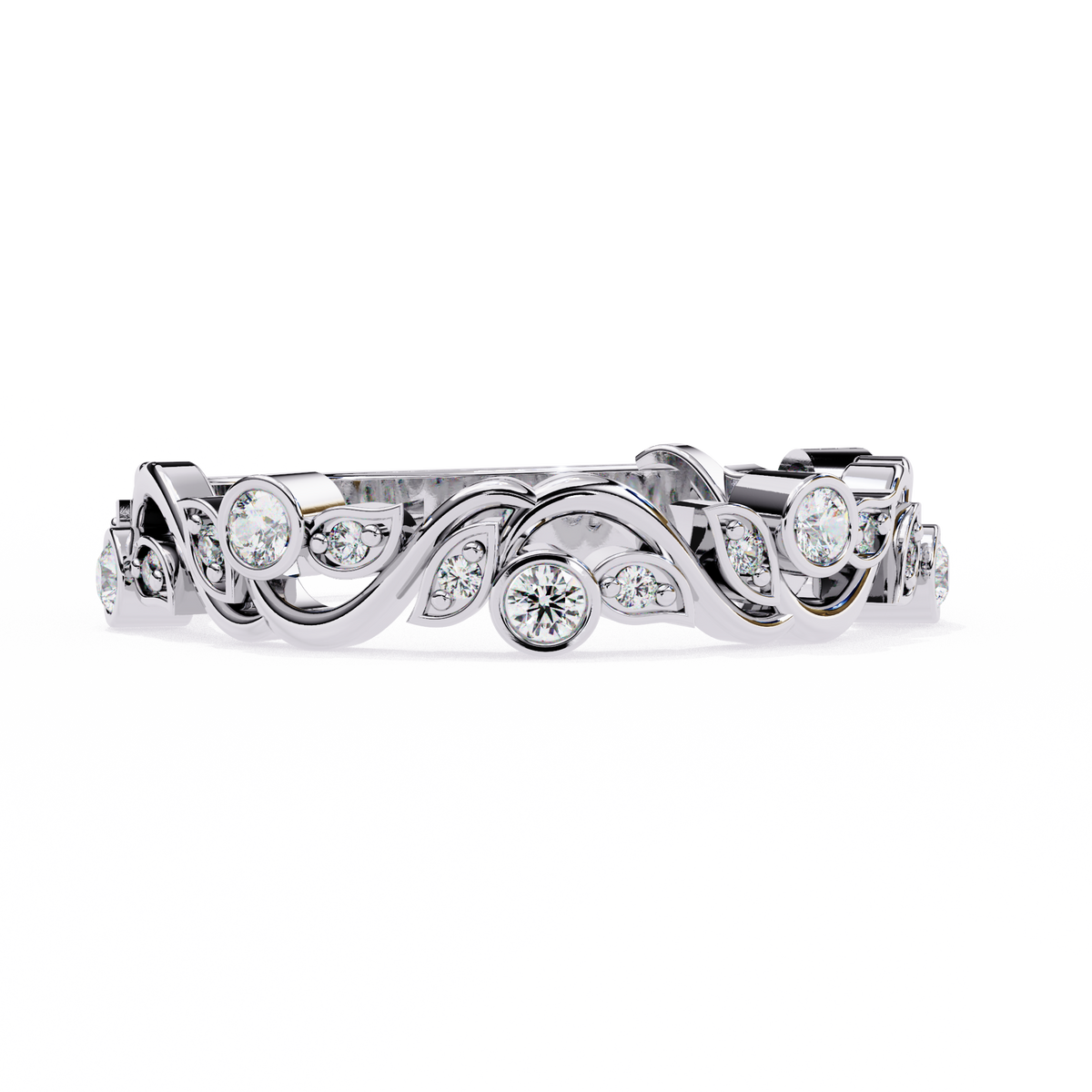 Round Moissanite Diamond Bezel Set Diamond Vine Design Band - View 4