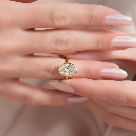 Oval Bezel Cathedral Set Moissanite Diamond Ring with Hidden Halo - View 2