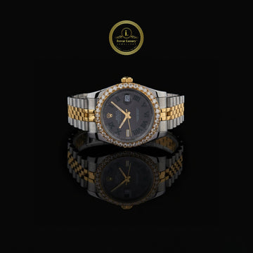 Luxury Two-Tone Lab Diamond Set Timepiece Featuring Black Dial, Gold Accents, and Brilliant Bezel