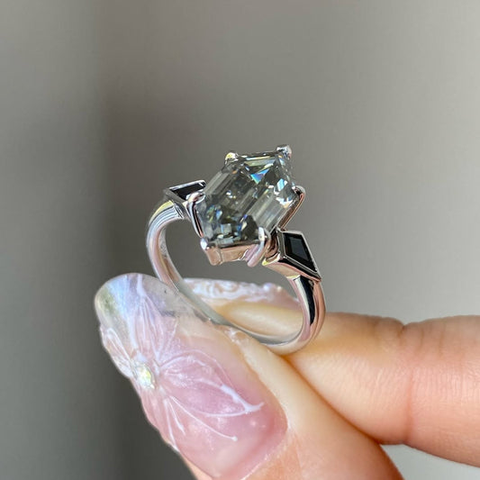 Antique Cut Moissanite Diamond Geometric Ring With Kite Side Stones - View 2