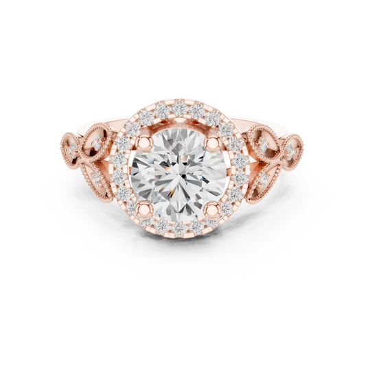 Round Floral Halo Moissanite Diamond Ring with Infinity Scroll Band - View 2