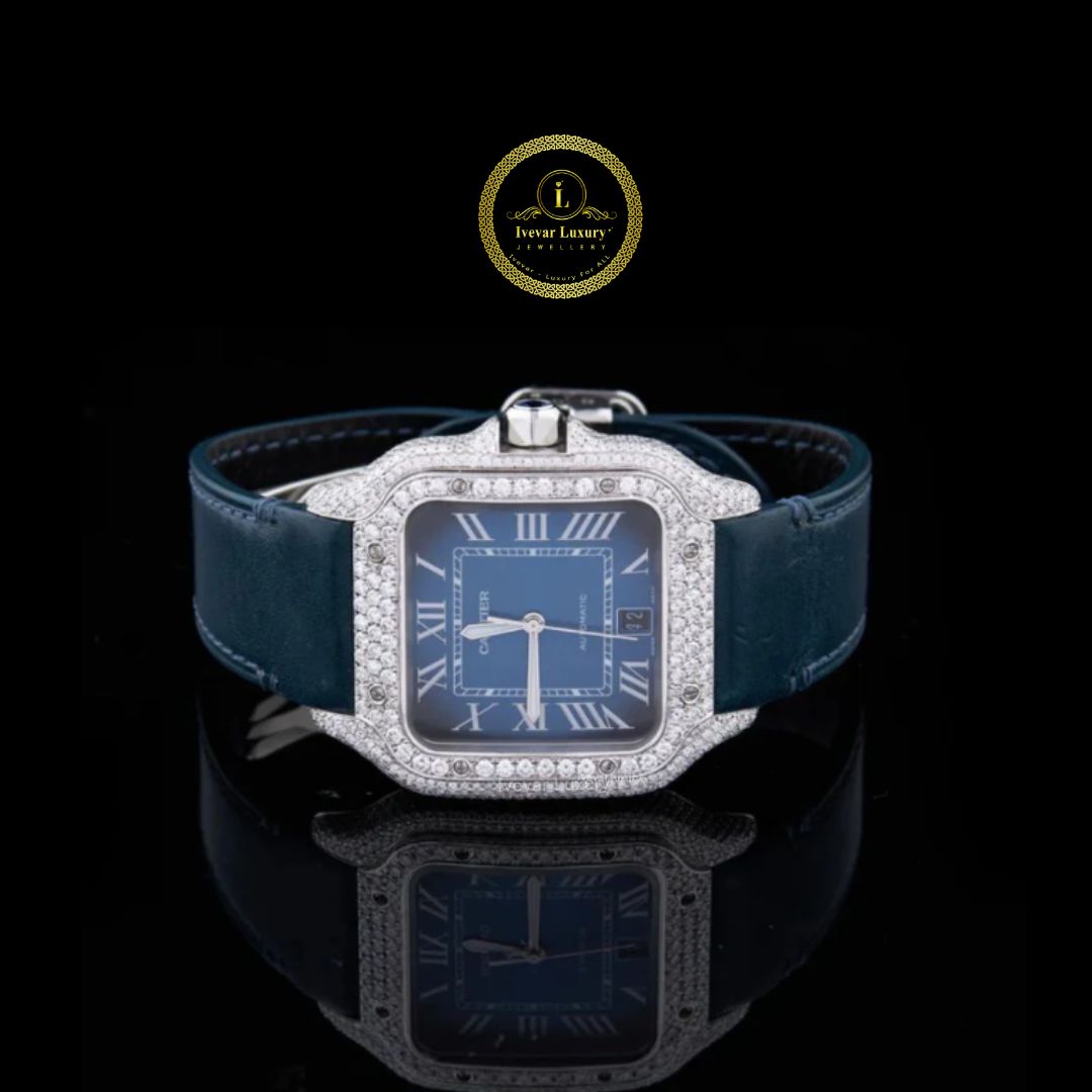 Classic Roman Dial Lab-Grown Diamond Watch with Blue Leather Strap By Ivevar
