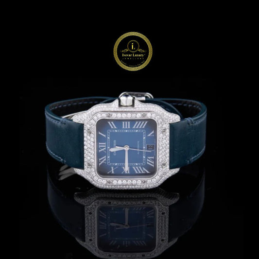 Classic Roman Dial Lab-Grown Diamond Watch with Blue Leather Strap By Ivevar