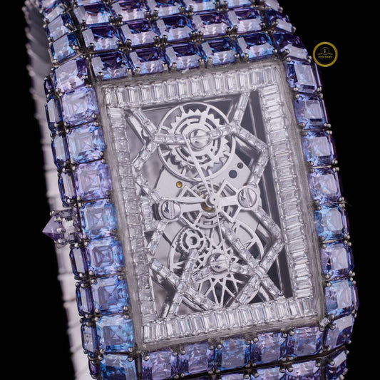Full Iced Baguette and Princess-Cut Blue Moissanite Diamond Watch in White Gold – Where Innovation Meets Luxury by Ivevar