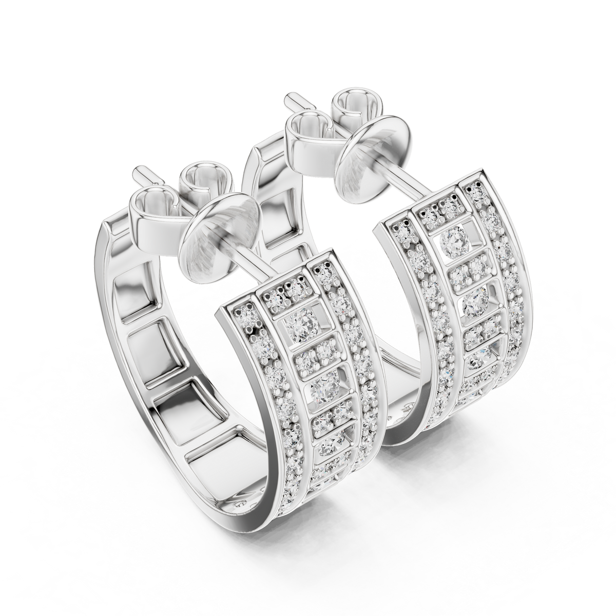 Round Lab Diamond Geometric Grid C Hoop Earrings with Micro Pavé Rows - View 6