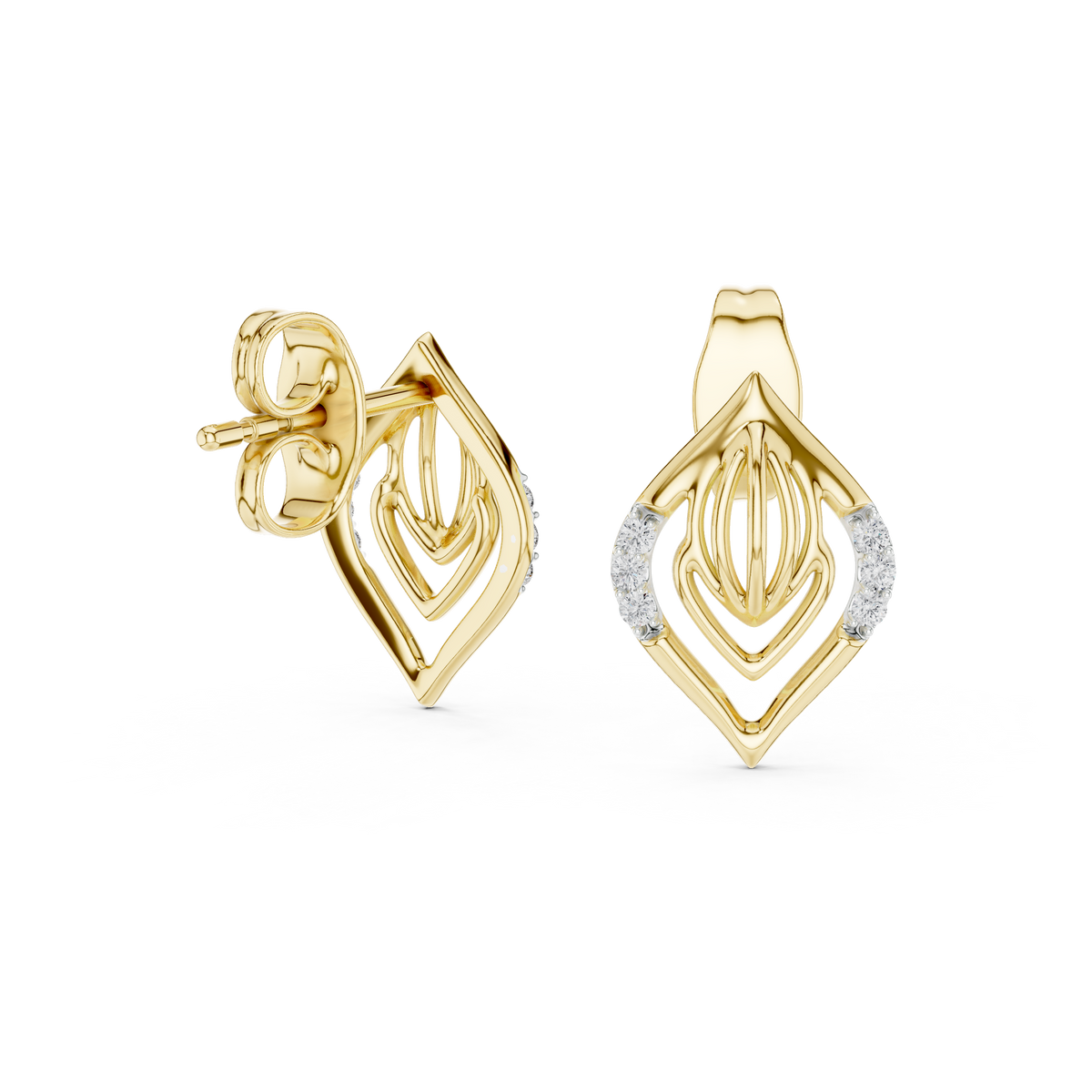 Layered Leaf Round Moissanite Diamond Geometric Stud Earrings with Pavé Detail - View 7