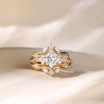 Princess Cut Moissanite Diamond Vine Engagement Ring with Leaf Accents