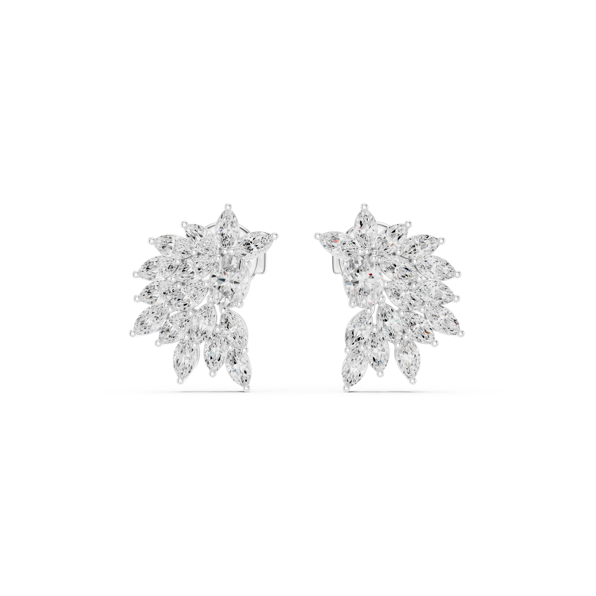 Floral Marquise Cut Moissanite Diamond Cluster Stud Earrings with Leaf Inspired Design - View 3
