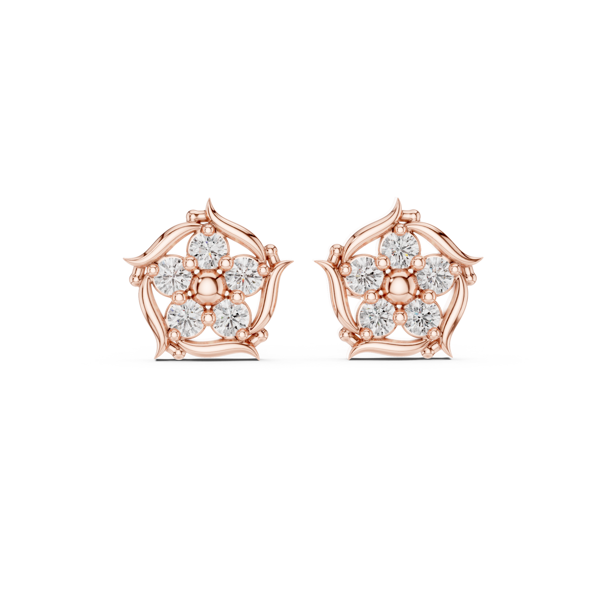 Delicate Floral Round Lab Diamond Cluster Stud Earrings - View 2