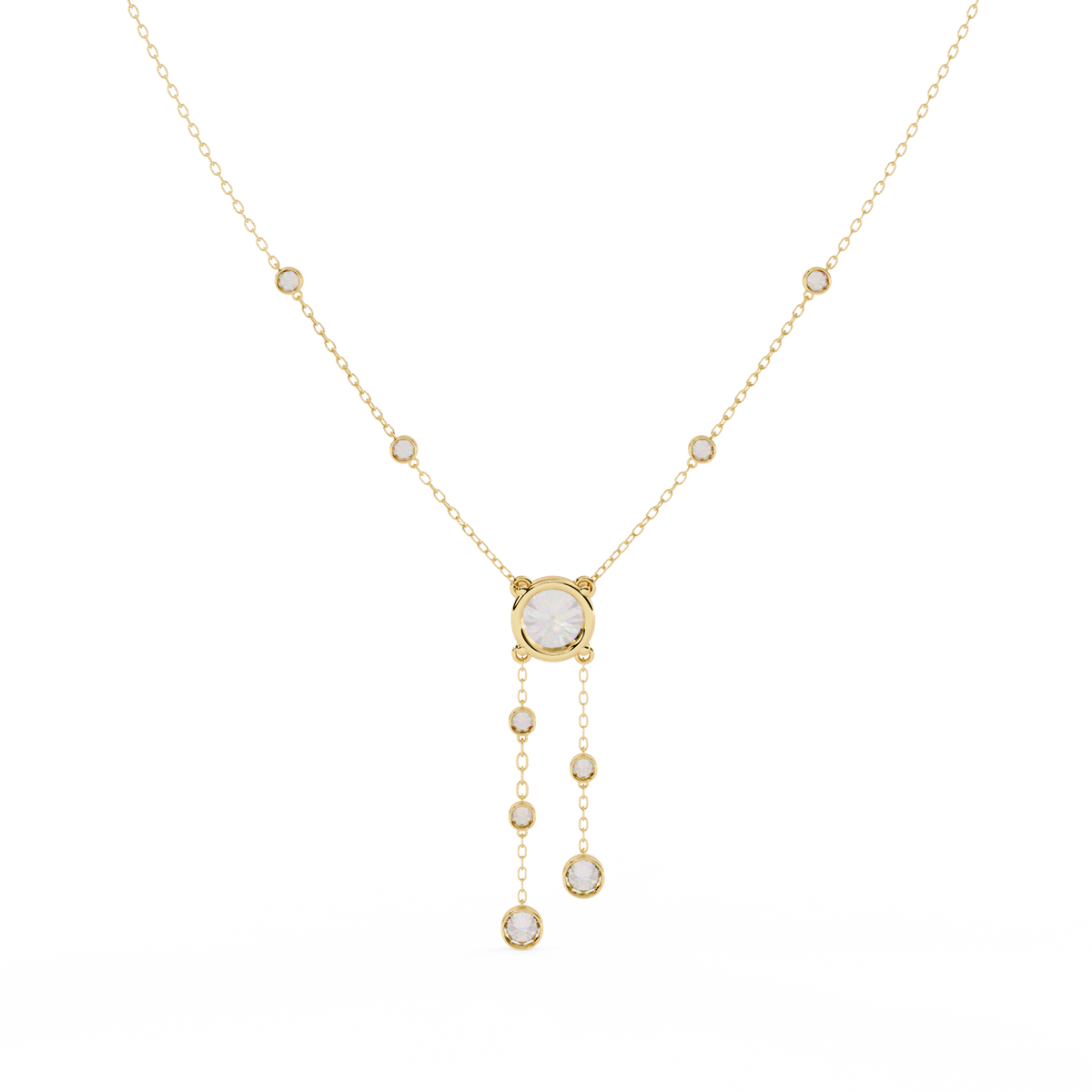 Round Moissanite Diamond Lariat Necklace with Bezel Station Drops - View 2