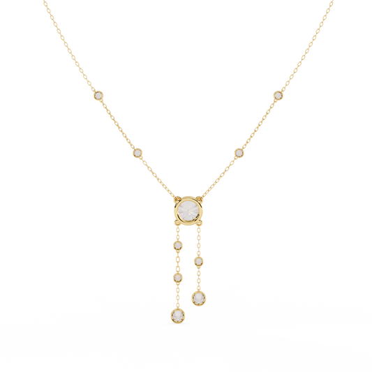 Round Moissanite Diamond Lariat Necklace with Bezel Station Drops - View 2