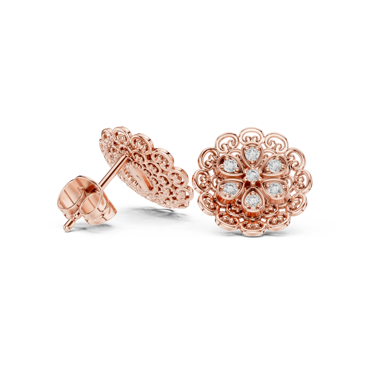 Vintage Lace Floral Round Lab Diamond Stud Earrings with Filigree Detailing - View 6