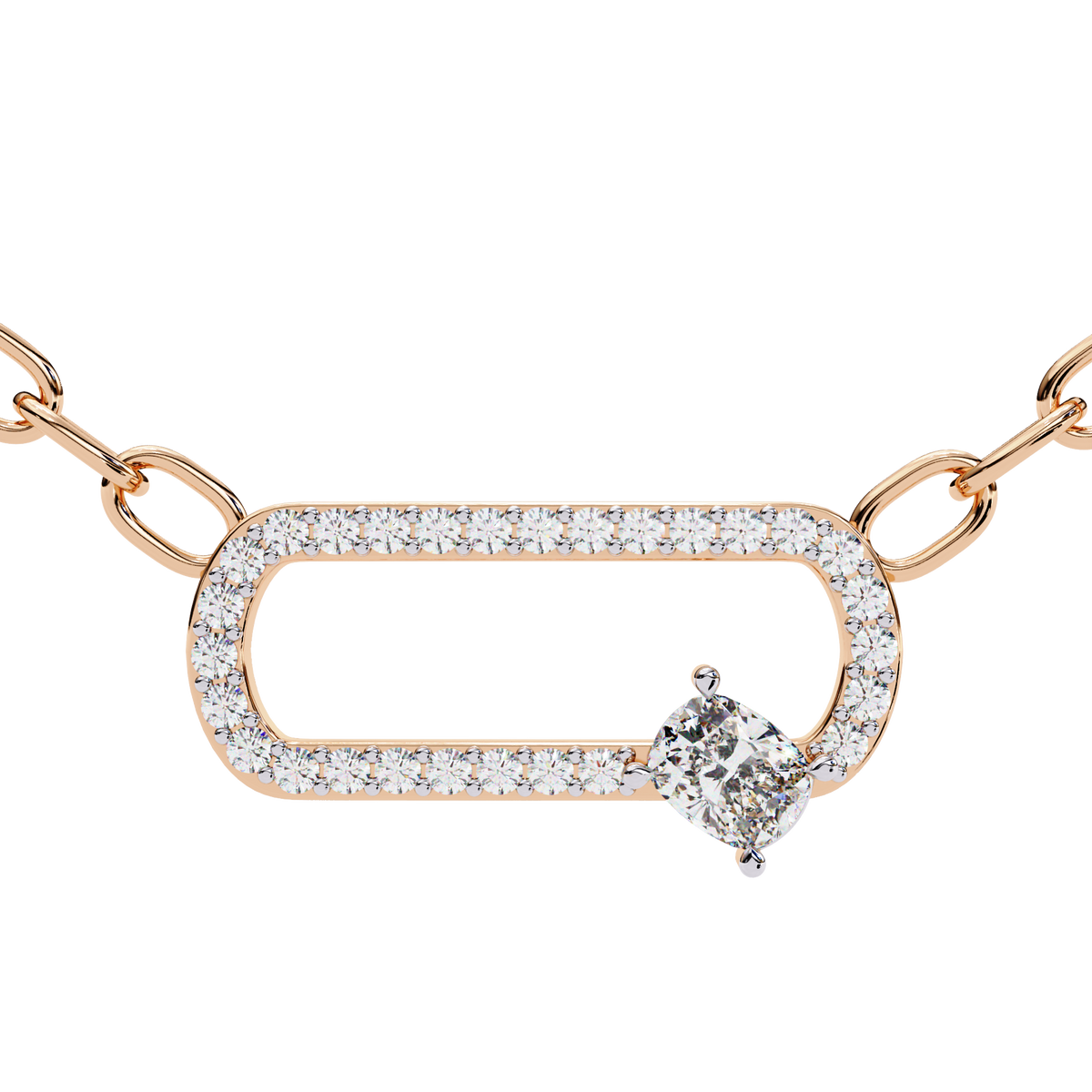 Openwork Pave Oval Link Off Center Cushion Moissanite Diamond Pendant - View 3