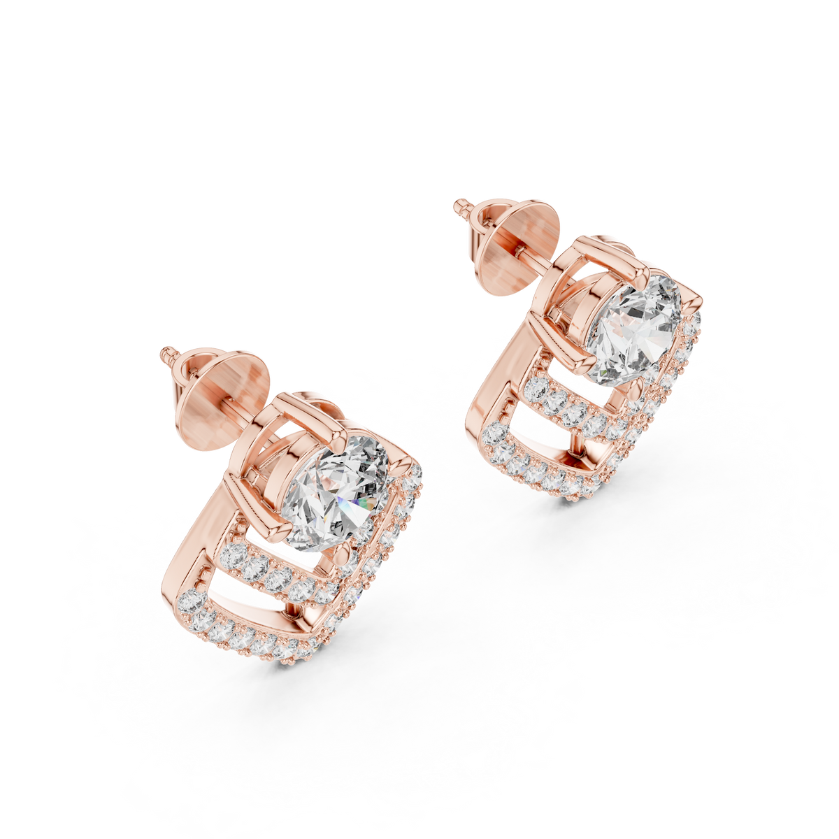 Chevron Round Moissanite Diamond Stud Earrings Statement Design - View 3