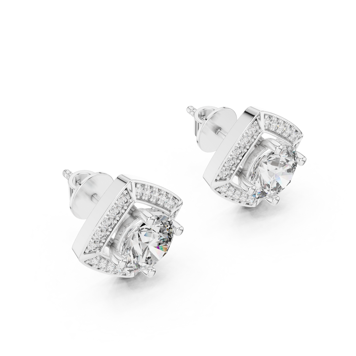Iconic Geometric Round Lab Diamond Cushion Shape Halo Stud Earrings - View 4
