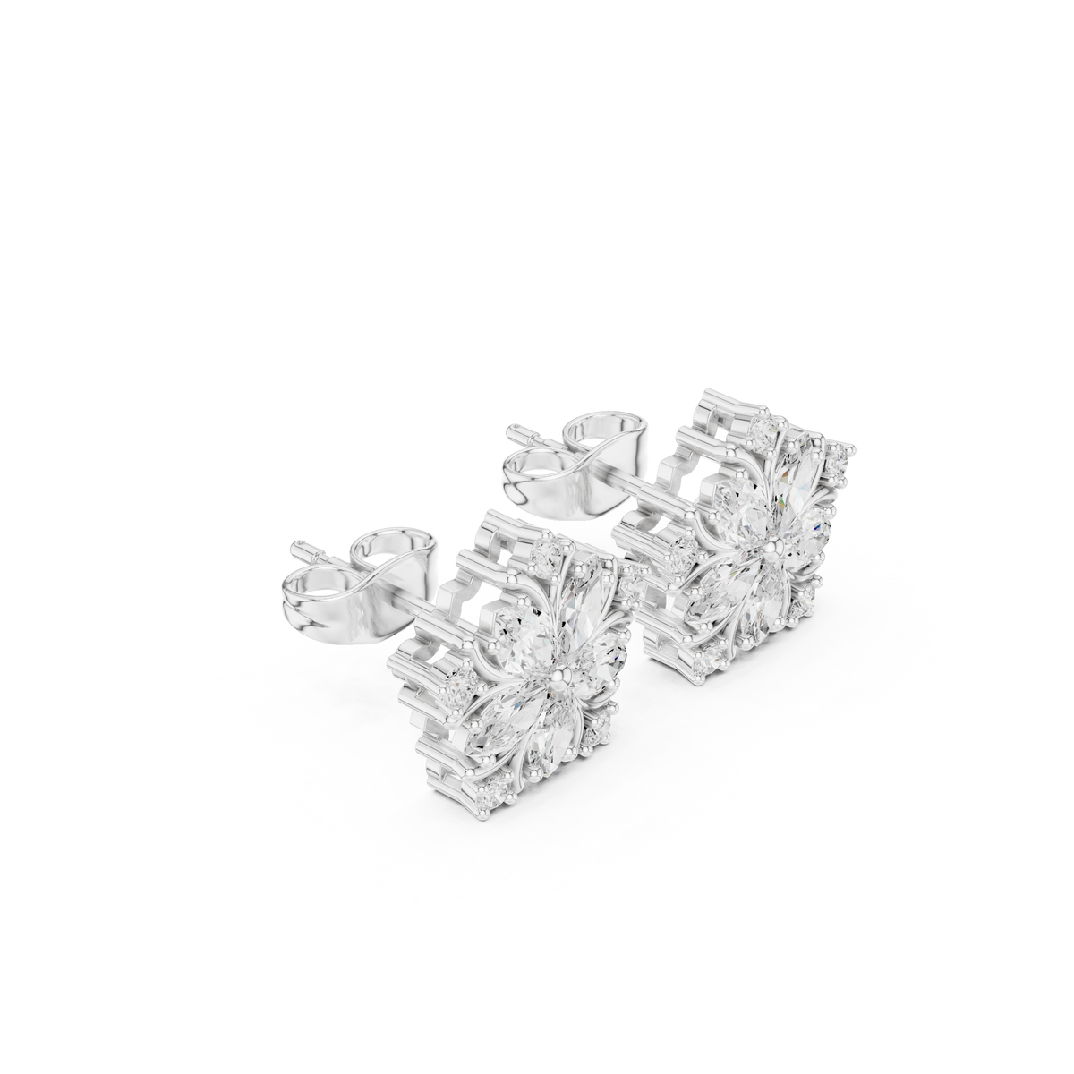 Blossom Petal Cluster Marquise And Round Lab Diamond Stud Earrings Floral Starburst - View 4