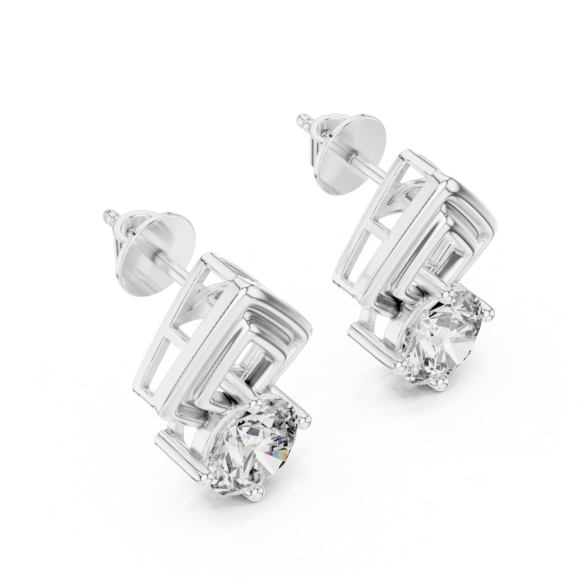 Chevron Round Lab Diamond Stud Earrings with Modern Geometric Open Frame Design - View 4