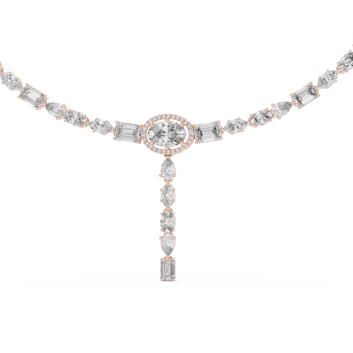 Halo Oval Lab Grown Diamond Y Necklace with Mixed Cut Drop Pendant - View 4