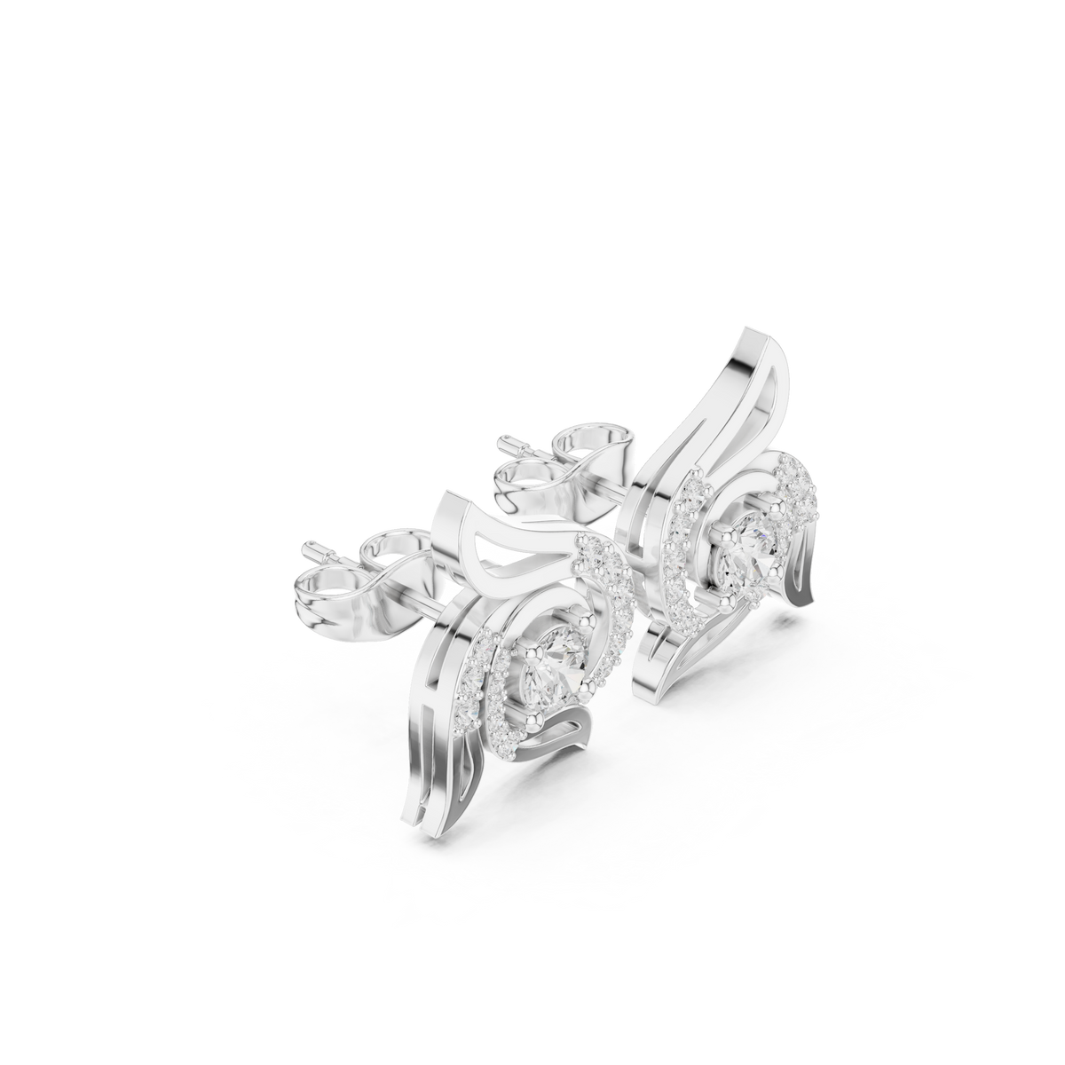 Signature Round Moissanite Diamond Winged Swirl Stud Earrings - View 4