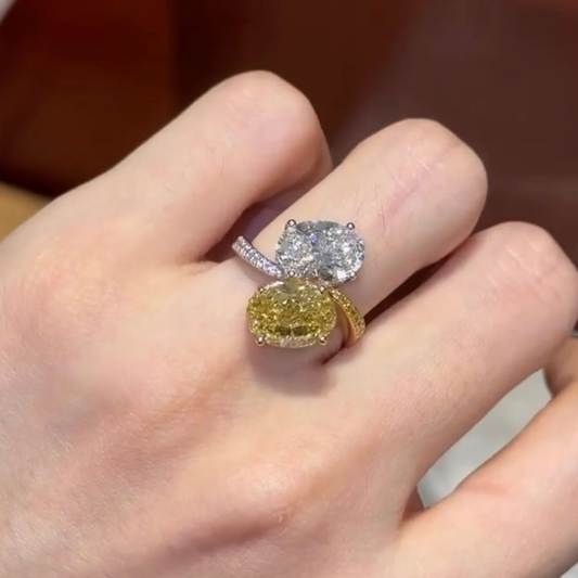 Oval Yellow and White Moissanite Diamond Toi et Moi Ring - View 2