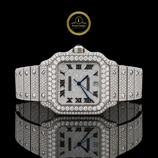 Full Iced Out White Gold Square Watch with Diamond Dial & Roman Numerals