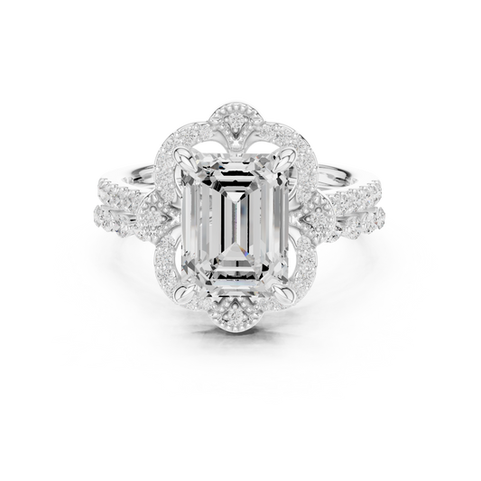 Vintage Inspired Emerald Cut Lab Diamond Ring Scalloped Halo - View 2