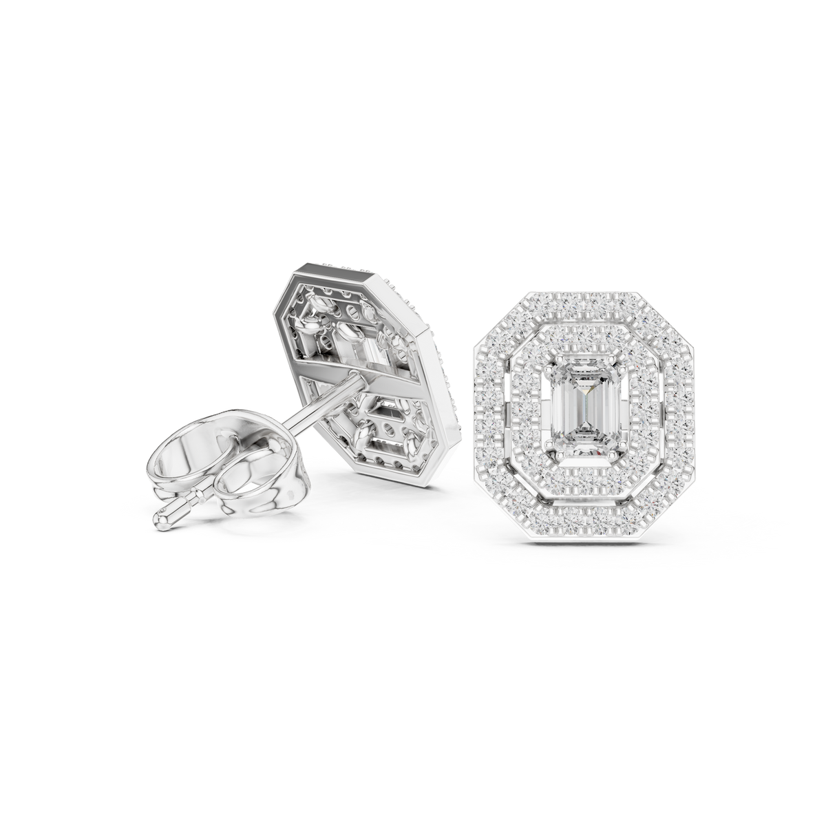 Octagonal Double Halo Emerald Cut Moissanite Diamond Stud Earring - View 9