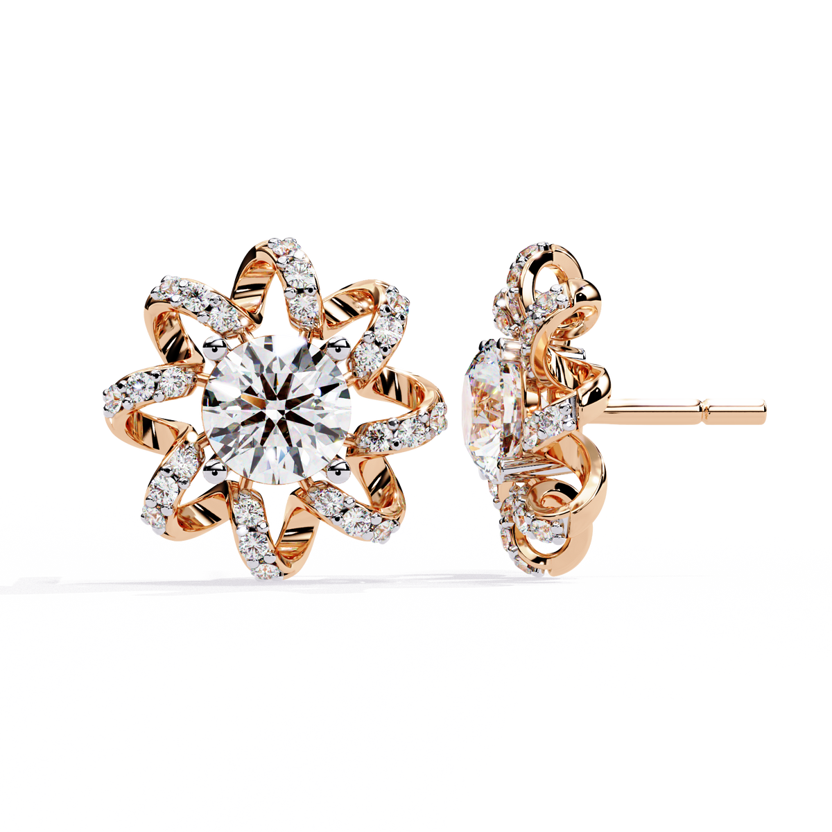 Elegant Floral Halo Stud Moissanite Earrings Featuring Round Cut Center Stones and Pave Crystal Petals - View 5