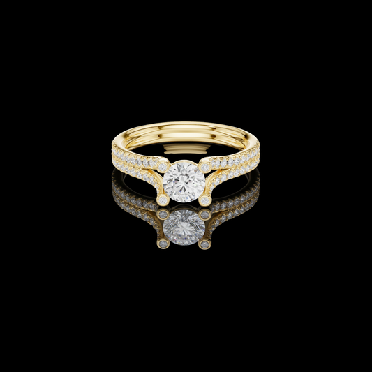 Round Cut Moissanite Diamond Split Shank Ring Baguette & Triple Pave
