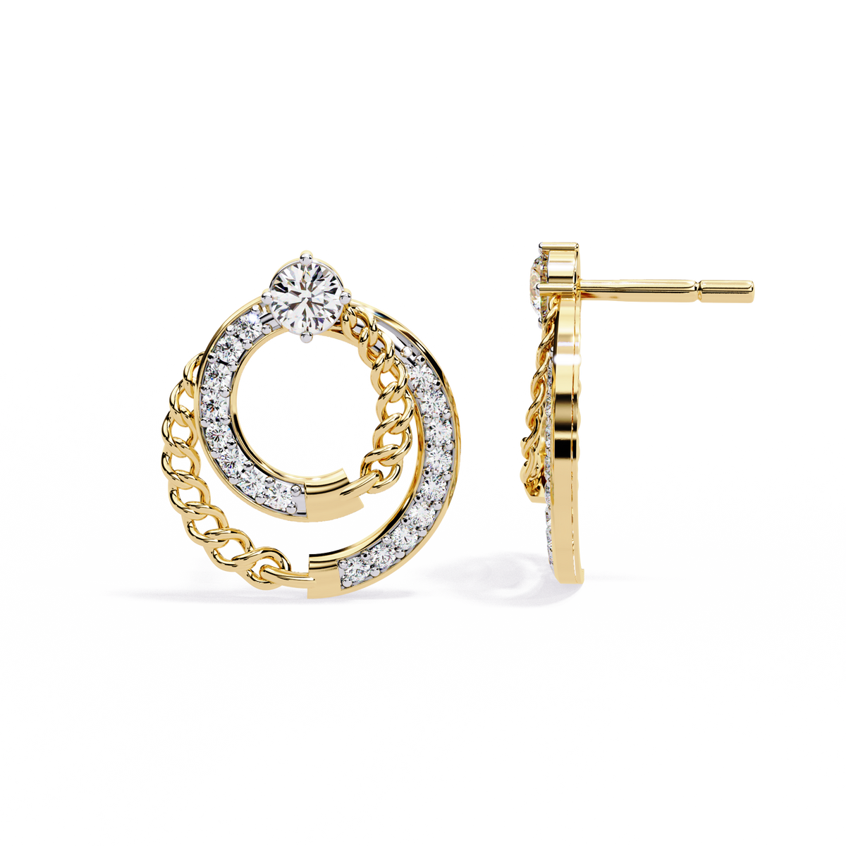 Double Circle Moissanite Diamond Round Stud Earrings with Pavé Chain Detail - View 4