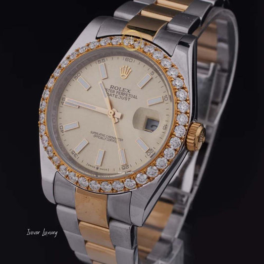 Elegant Two-Tone Stainless Steel and Gold Luxury Watch with Moissanite Diamond Bezel, Champagne Dial, and Date Display