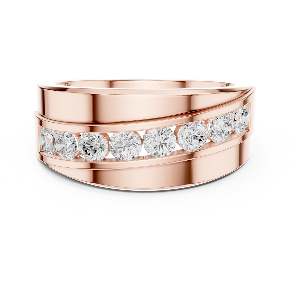 Round Cut Moissanite Diamond Men's Curved Swirl Channel Set Gold Band - View 2