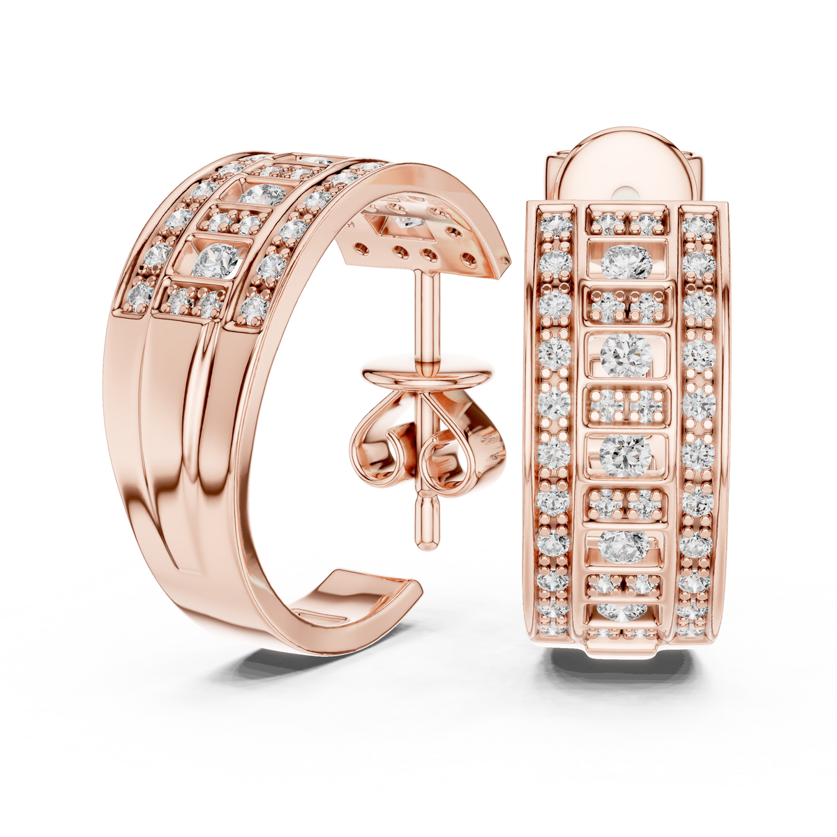 Round Lab Diamond Geometric Grid C Hoop Earrings with Micro Pavé Rows - View 8