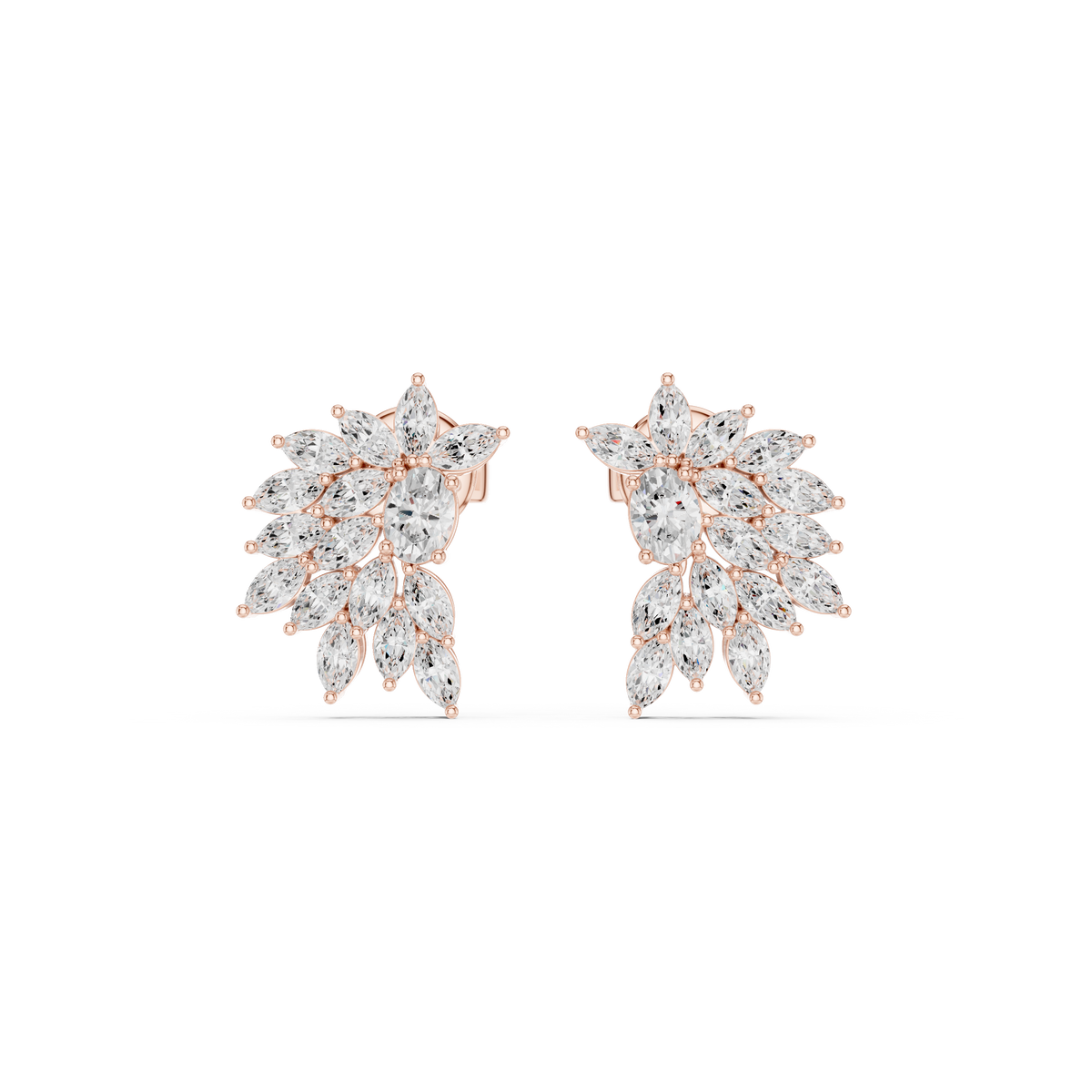 Floral Marquise Cut Moissanite Diamond Cluster Stud Earrings with Leaf Inspired Design - View 2