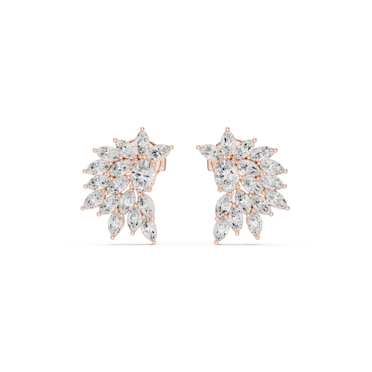 Floral Marquise Cut Lab Diamond Cluster Stud Earrings with Leaf Inspired Design - View 2
