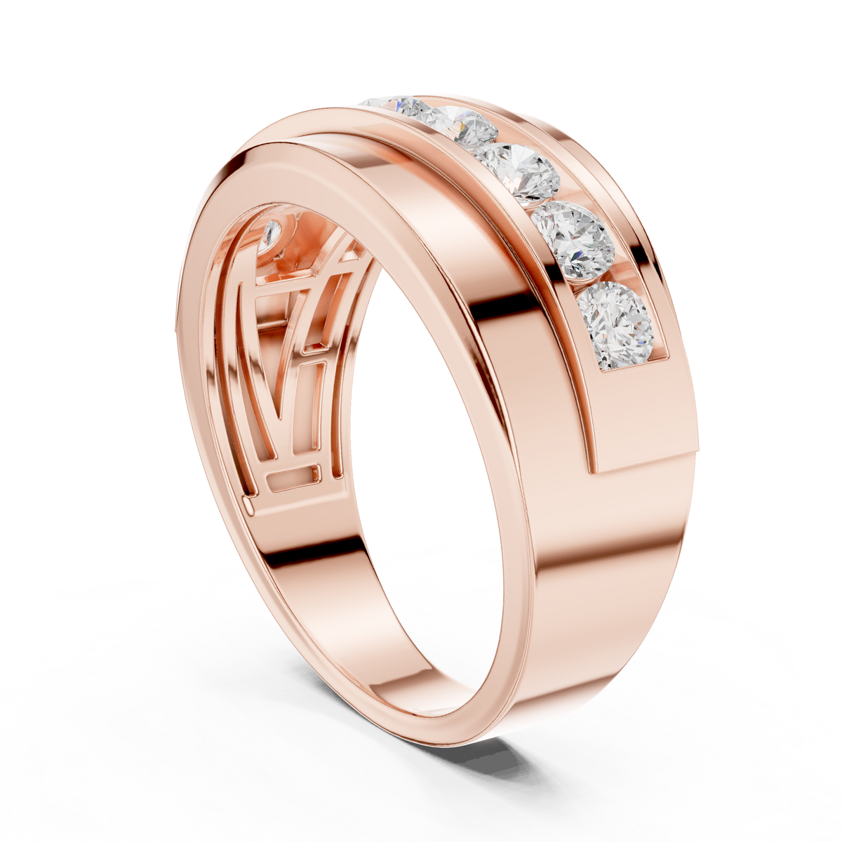 Round Cut Lab Grown Diamond Men's Curved Swirl Channel Set Gold Band - View 11