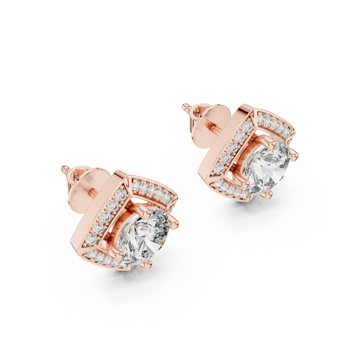 Iconic Geometric Round Lab Diamond Cushion Shape Halo Stud Earrings - View 3