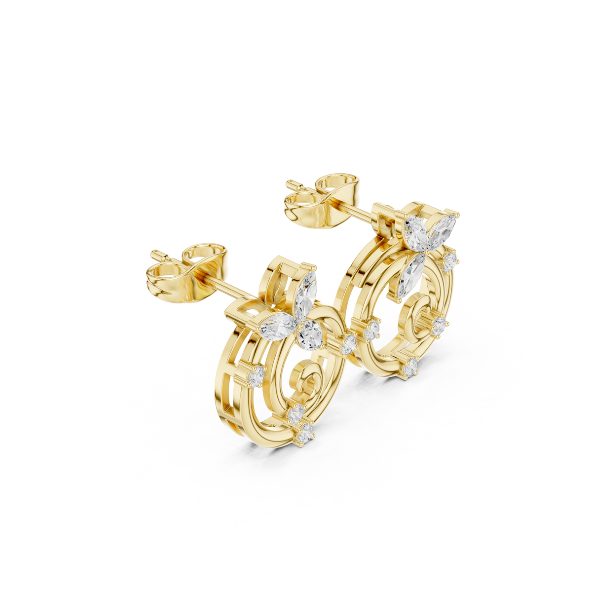 Classic Marquise Cut Lab Diamond Elegant Spiral Earrings With Round Diamond Leaf Accents - View 2