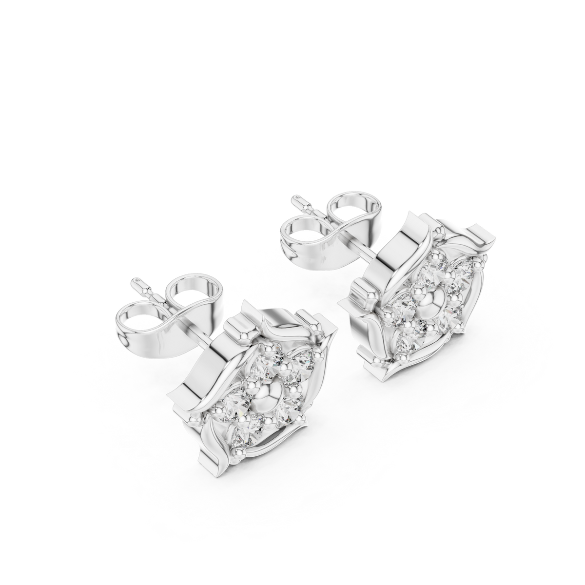 Delicate Floral Round Moissanite Diamond Cluster Stud Earrings - View 6