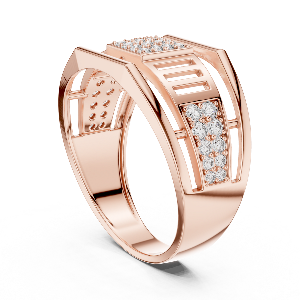 Round Cut Lab Grown Diamond Men's Pillar Cage Geometric Gold Statement Band - View 8